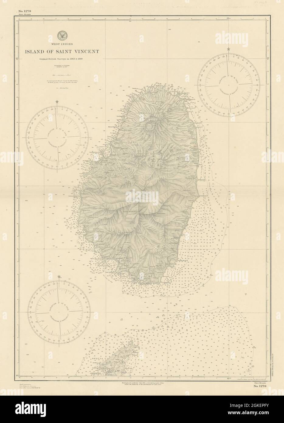Saint Vincent & Northern Bequia Caribbean. US Navy sea chart 1891 (1919