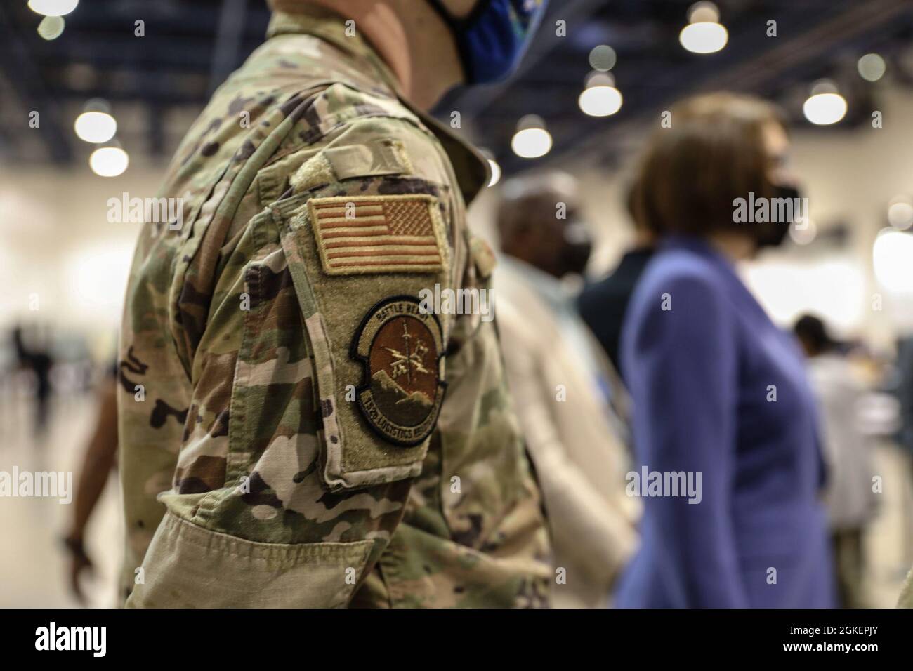 1st Sgt. Brandon Herbert with Joint Task Force 17 helps provide military escort for U.S. Senator’s Jacky Rosen and Catherine Cortez Masto during their visit to the Cashman vaccination site, Thursday, Apr. 1, 2021 in Las Vegas, Nevada. Stock Photo