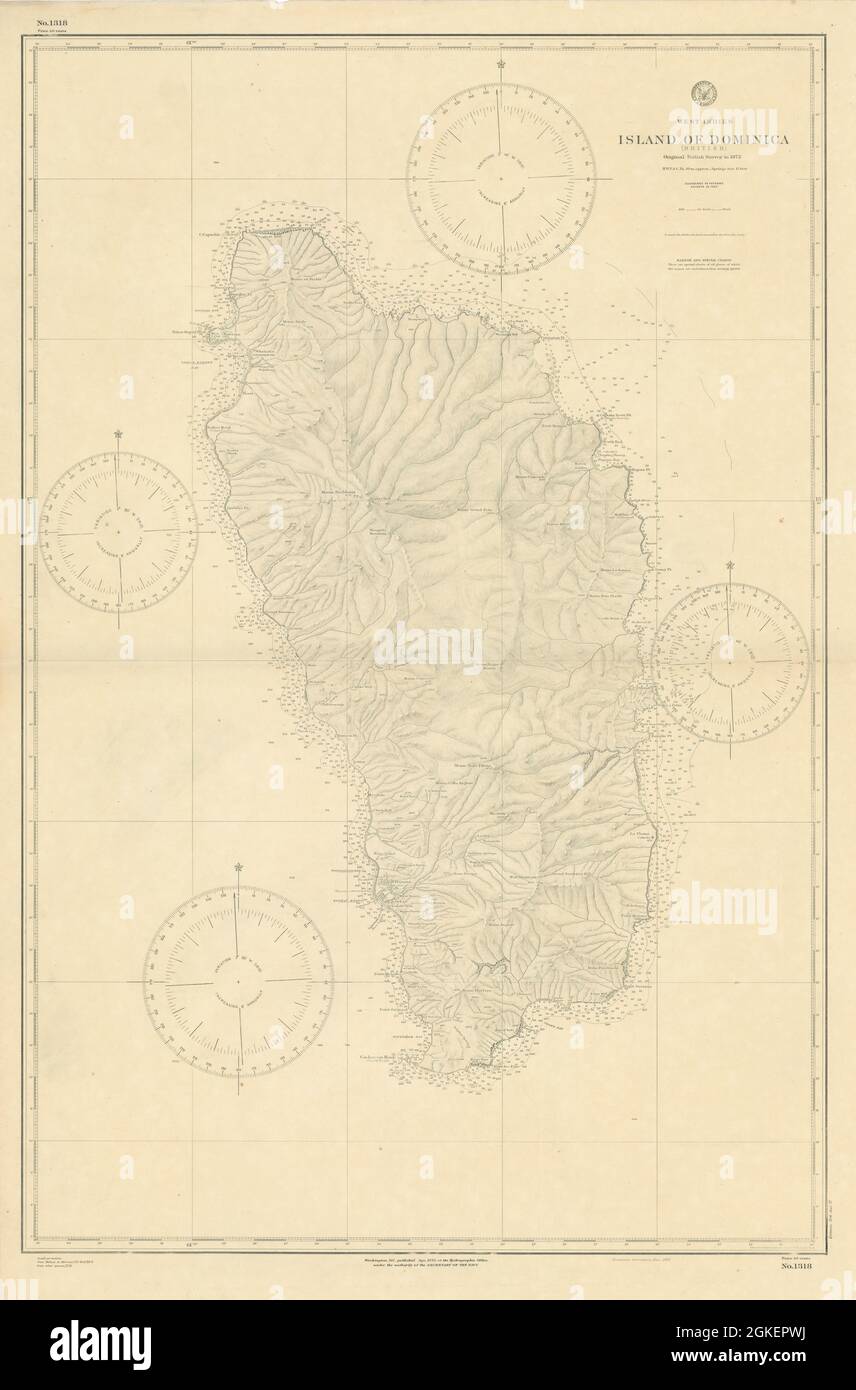 Dominica, British West Indies. Caribbean. US Navy sea chart 1892 (1917 