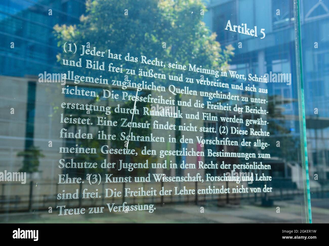 Article 5, glass wall, artwork by Dani Karavan, Basic Law 49, Spreepromenade, Mitte, Berlin, Germany Stock Photo