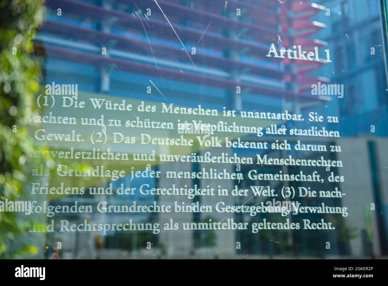 Article 1, glass wall, artwork by Dani Karavan, Basic Law 49, Spreepromenade, Mitte, Berlin, Germany Stock Photo