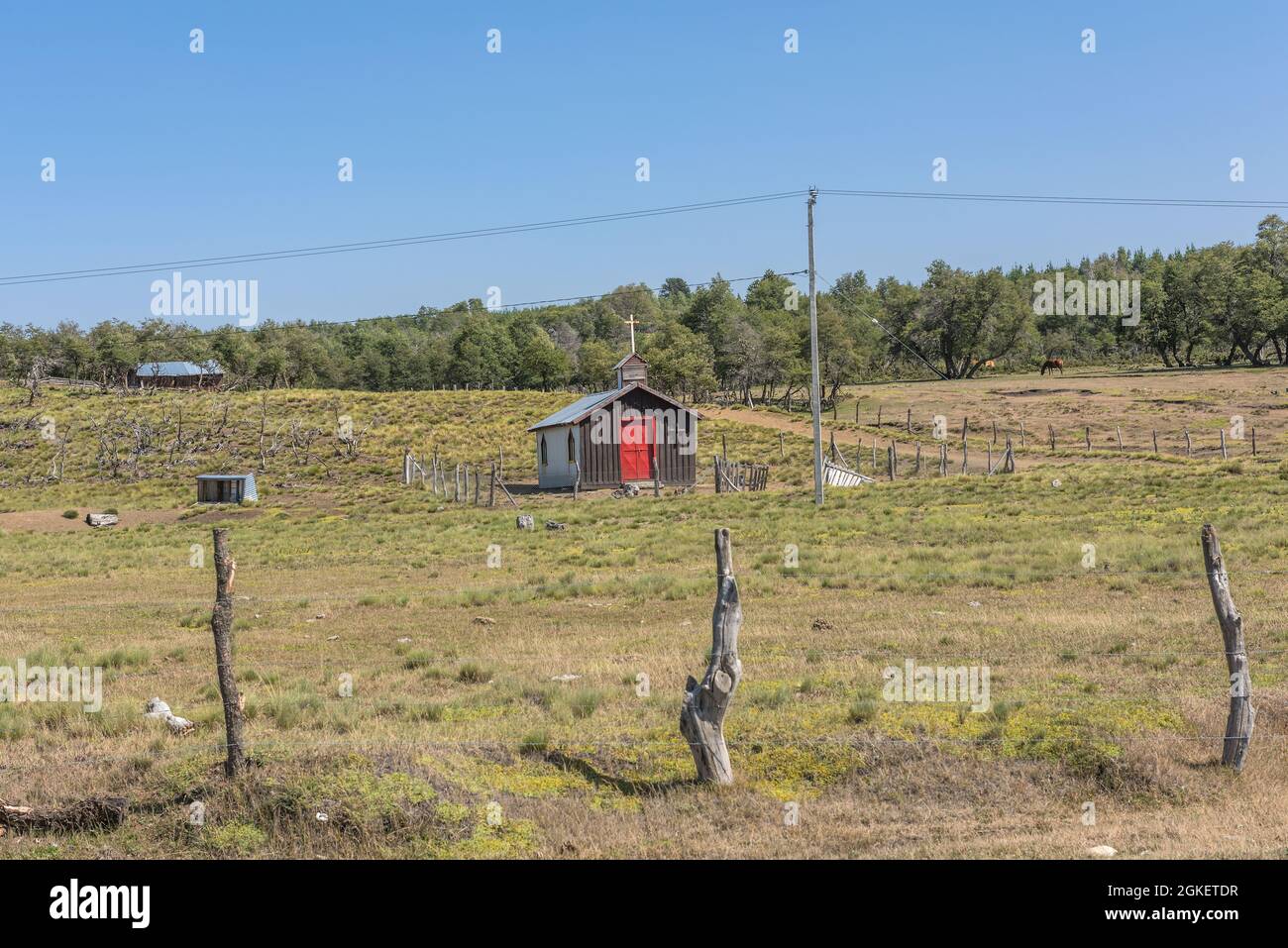 Small wooden chapel, Villa Pehuenia, Neuquen, Argentina Stock Photo