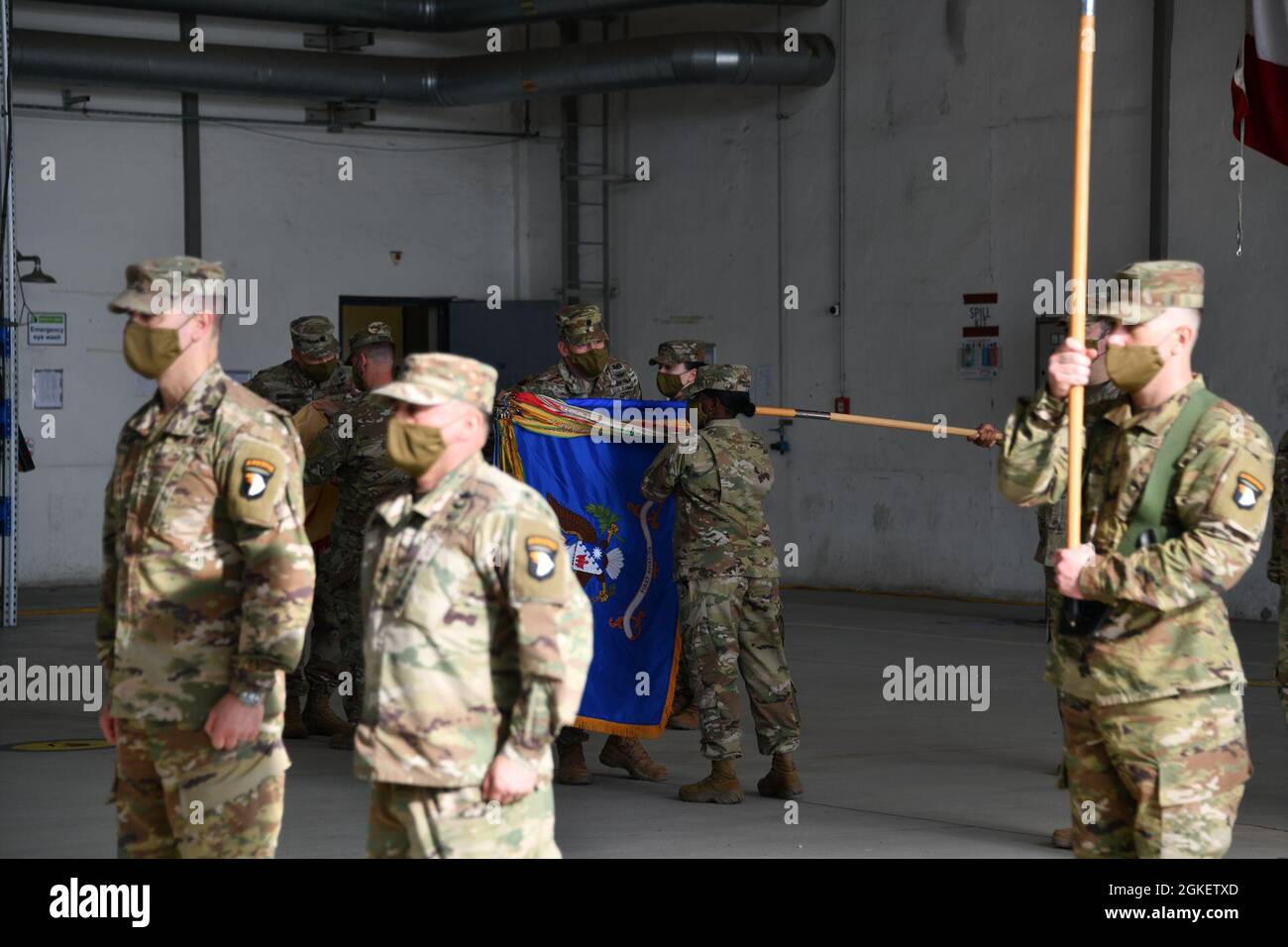 1st Combat Aviation Brigade (1 CAB), 1st Infantry Division, assumes authority from 101st Combat Aviation Brigade (101 CAB), 101st Airborne Division, transfer of authority ceremony April 1, 2021, at Storck Barracks. As the seventh iteration of Atlantic Resolve, the ceremony marked the end of a nine-month rotation for 101st CAB Soldiers out of Fort Campbell, Kentucky, and the 1st Combat Aviation Brigade from Fort Riley, Kansas. Aviation brigades deploy for nine months as a regionally allocated force supporting Atlantic Resolve focusing on strengthening bonds between allies and partners, increasi Stock Photo