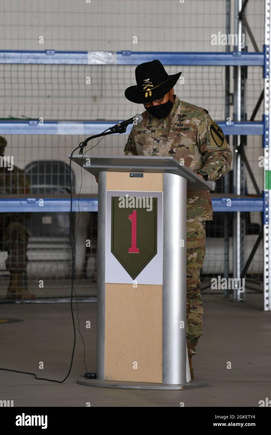 1st Combat Aviation Brigade (1 CAB), 1st Infantry Division, assumes authority from 101st Combat Aviation Brigade (101 CAB), 101st Airborne Division, transfer of authority ceremony April 1, 2021, at Storck Barracks. As the seventh iteration of Atlantic Resolve, the ceremony marked the end of a nine-month rotation for 101st CAB Soldiers out of Fort Campbell, Kentucky, and the 1st Combat Aviation Brigade from Fort Riley, Kansas. Aviation brigades deploy for nine months as a regionally allocated force supporting Atlantic Resolve focusing on strengthening bonds between allies and partners, increasi Stock Photo