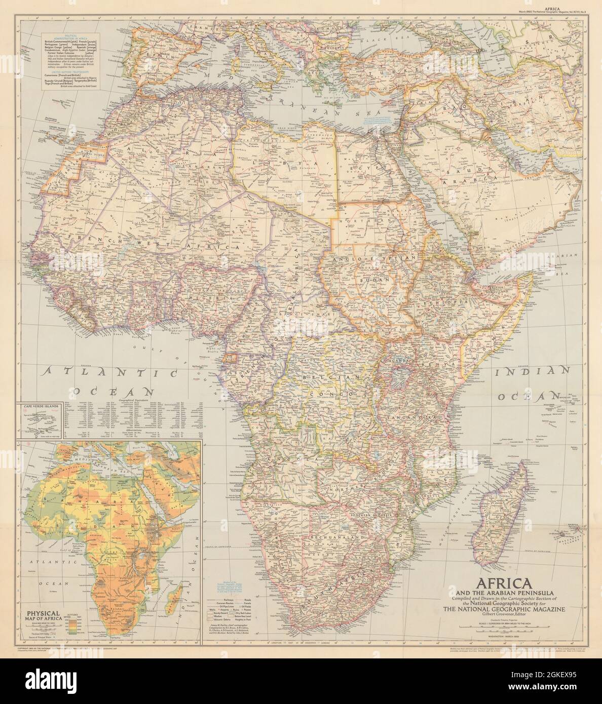 Late colonial Africa & the Arabian Peninsula. National Geographic 1950 old map Stock Photo