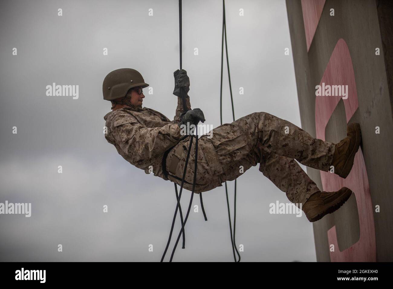 Pvt. Harold Osborn, a Marine with Golf Company, 2nd Recruit Training  Battalion, participates in the Rappel Tower at Marine Corps Recruit Depot  San Diego, April 2, 2021. Rappel training was conducted to