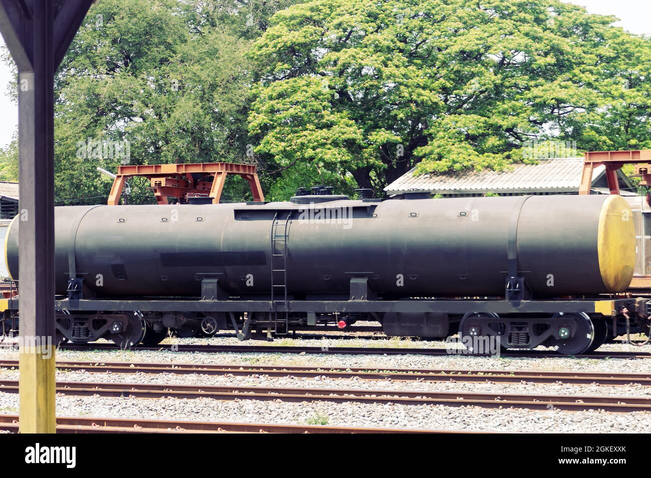 Set of tanks with oil and fuel transport by rail. Freight cars and