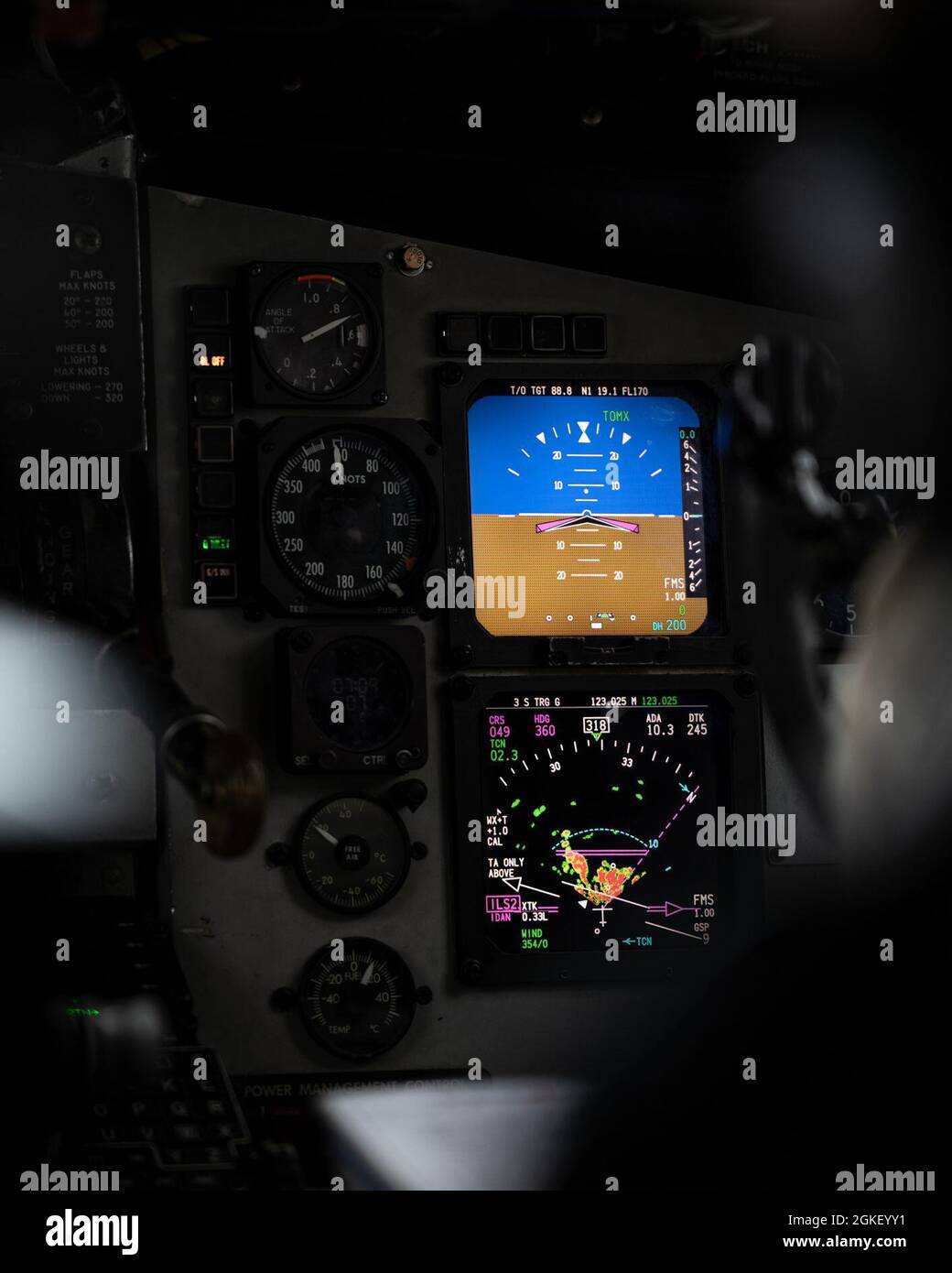 Flight instruments are shown inside a KC-135 Stratotanker assigned to the 97th Expeditionary Air Refueling Squadron, April 2, 2021, at Incirlik Air Base, Turkey. The mission of the 97th EARS is to provide an aerial refueling capability to allied and coalition partner aircraft, who help provide stability to the region. Stock Photo