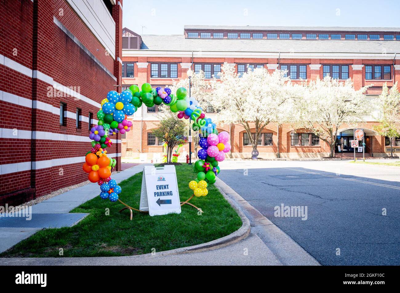WASHINGTON, DC (April 3, 2021) – A balloon arch stands onboard Washington Navy Yard, welcoming participants to Eggstravaganza, a spring-themed event hosted by Fleet and Family Readiness. Stock Photo