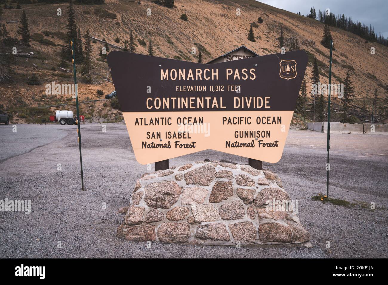 Salida, Colorado - August 2, 2021: Sign for Monarch Pass, a high mountain road along the Continental Divide Stock Photo