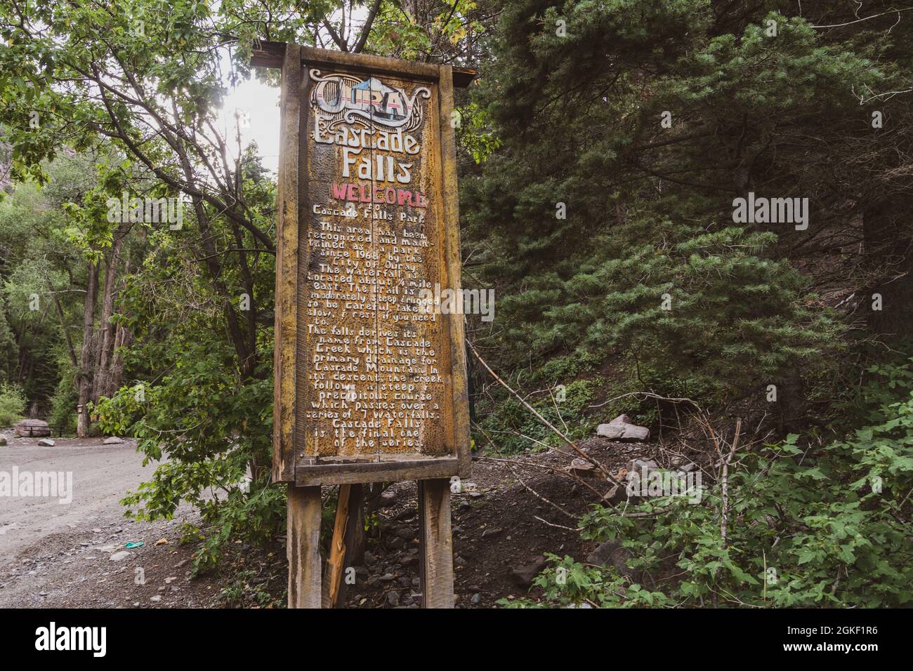 Ouray, Colorado - August 3, 2021: Sign for the Cascade Falls waterfall trail and trailhead for hiking Stock Photo