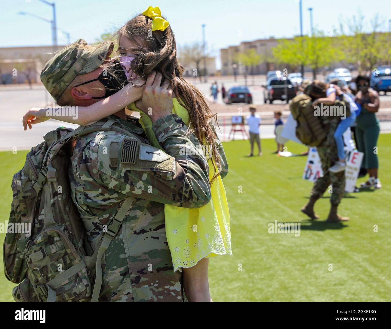 Soldiers from 2nd Armored Brigade Combat Team, 1st Armored Division are greeted by brigade leadership and family and friends as they arrived back to Fort Bliss April 4, 2021. The Soldiers were deployed to the CENTCOM area of responsibility for the past nine months. Stock Photo