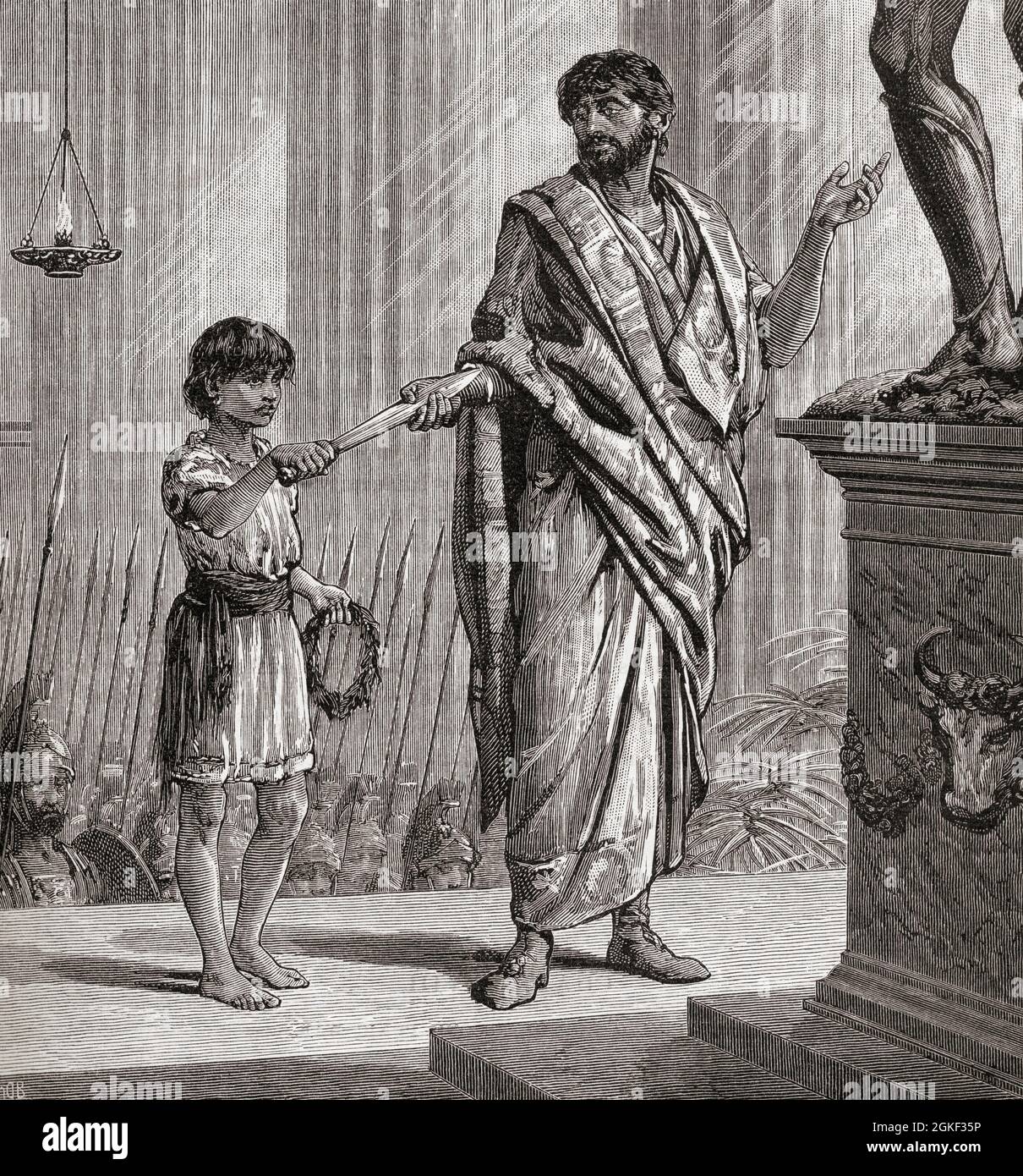 The child Hannibal Barca, 247 - circa 183 BC swears to his father, Hamilcar Barca, circa 275 - 228 BC, that he will never be a friend of Rome.  From Cassell's Illustrated Universal History, published 1883. Stock Photo