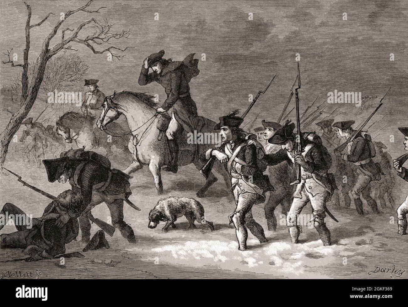 The March to Valley Forge.  After a 19th century work by Felix Darley, engraved by Albert Bobbett.  Valley Forge, in Pennsylvania, was a winter encampment of the Continental Army during the American Revolutionary War.  George Washington led 12,000 of his men to the camp after retreating from Philadelphia.  It is estimated that as many as 2,000 of his troops may have died from disease and malnutrition at Valley Forge Stock Photo