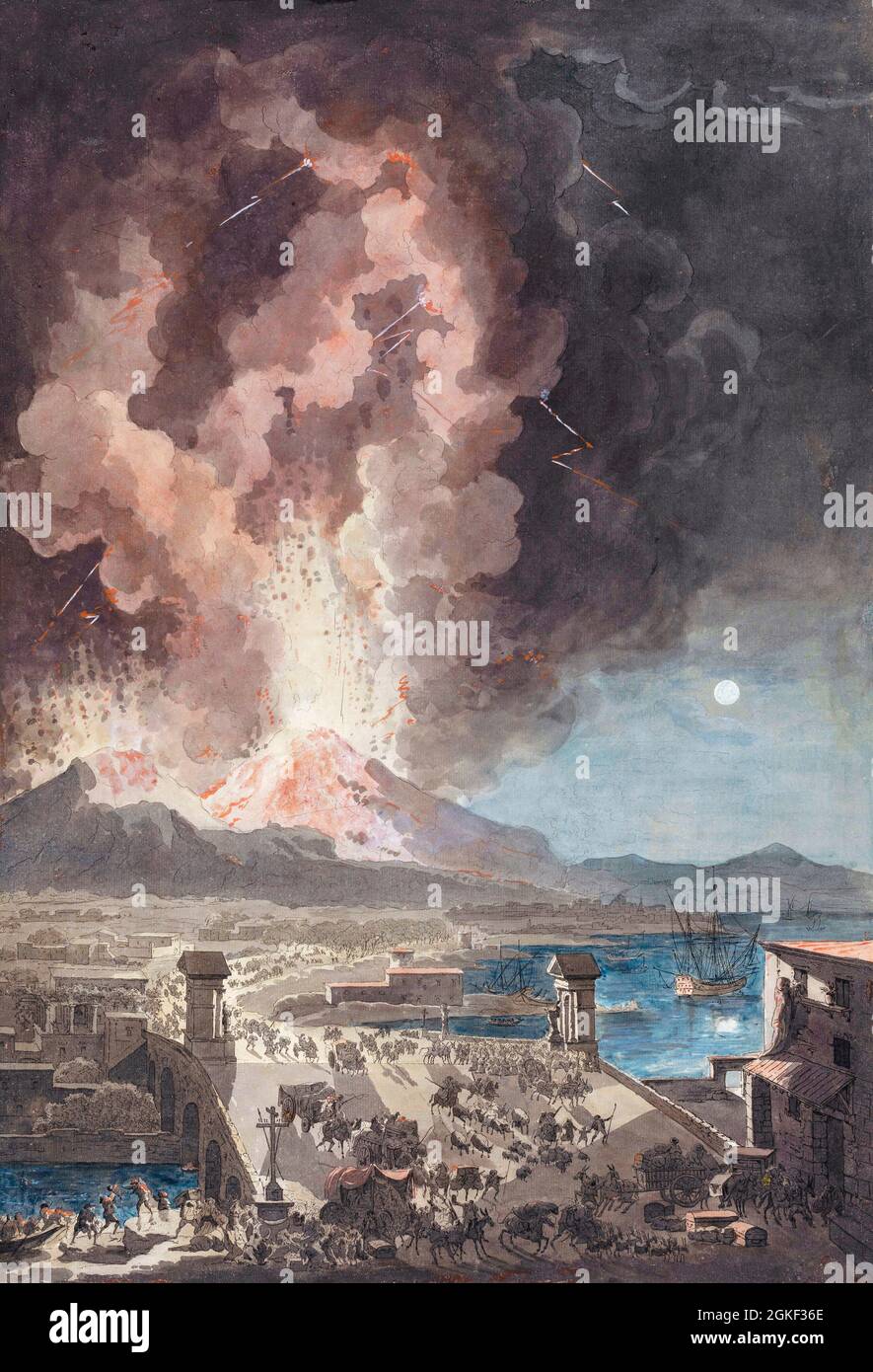 Panic in Naples, Italy, as Mount Vesuvius erupts on August 8, 1779.  Vesuvius has erupted regularly throughout history, the most famous being the event of AD79 which destroyed Pompeii and Herculaneum.  The most recent eruption was during 1944.  Vesuvius remains active.  After an 18th century print by Francesco Piranesi from a work by Louis Jean Desprez Stock Photo