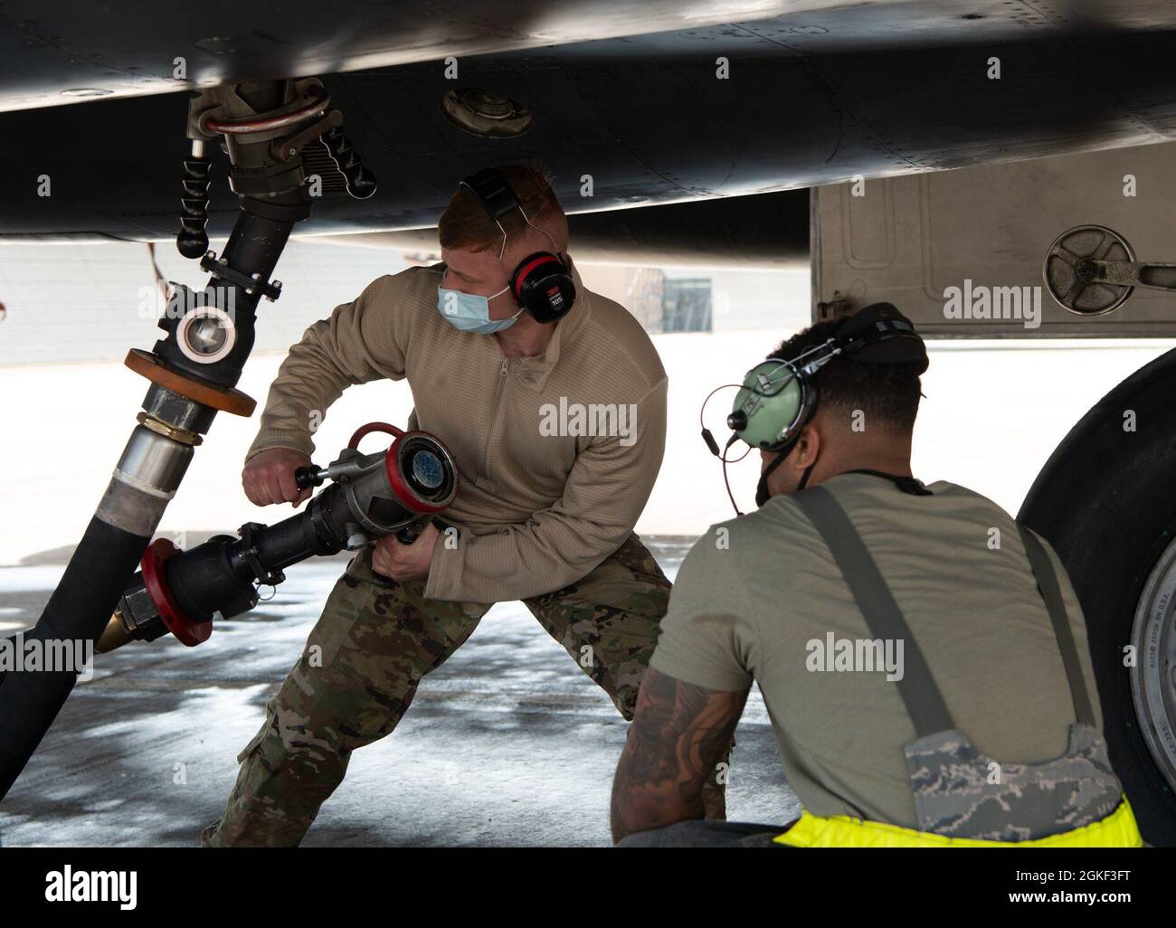 Airmen from the 28th Aircraft Maintenance Squadron prepare to fuel a B ...