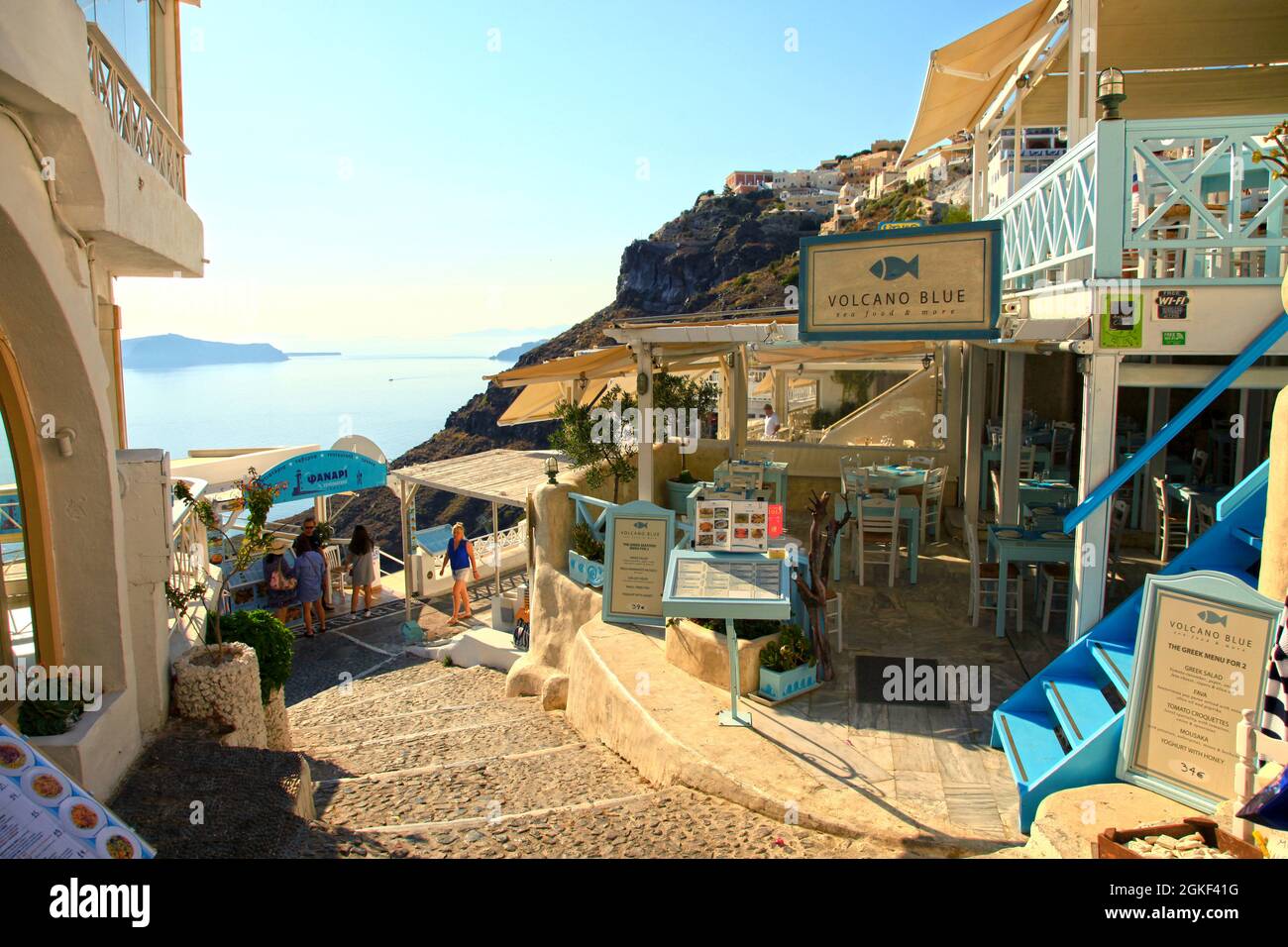 Volcano Blue and Fanari restaurants in Fira, Santorini. Stock Photo