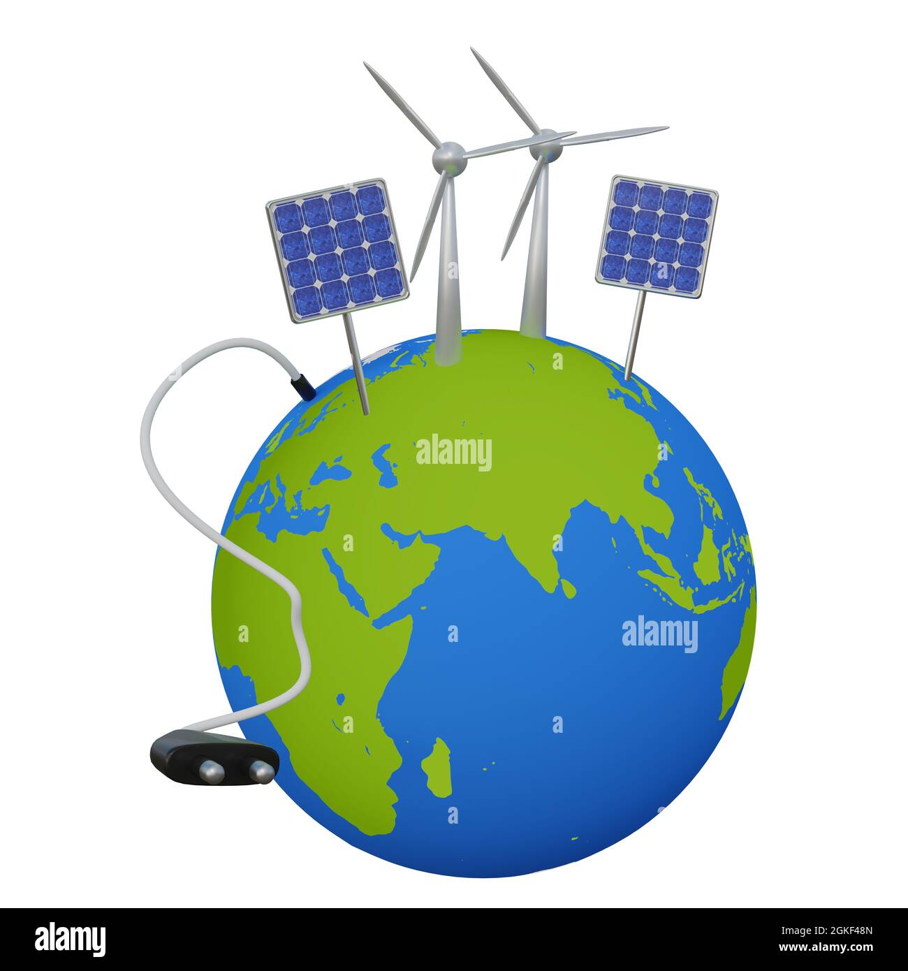 Renewable energy concept: Earth with wind turbines, solar cells and ...