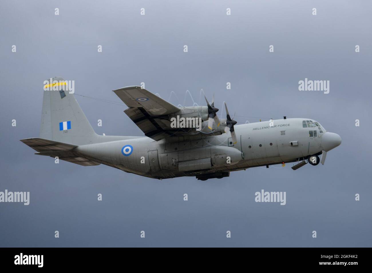 A Hellenic air force (HAF) C-130 Hercules participating in the INIOCHOS 21 exercise takes off from Aviano Air Base, Italy, April 6, 2021. INIOCHOS 21 is an annual exercise held at Andravida Air Base in Greece that enhances professional relationships and improves overall coordination with allies and partner militaries. Stock Photo