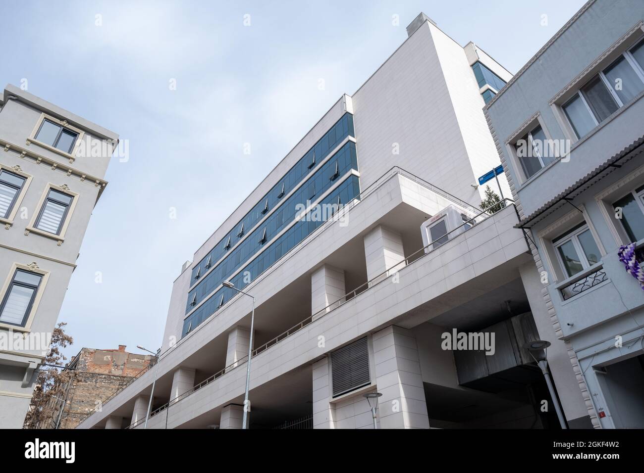 Beyoglu, Istanbul, Turkey - 03.12.2021: low angle view of white building of Taksim Training and Research Hospital in Taksim Stock Photo