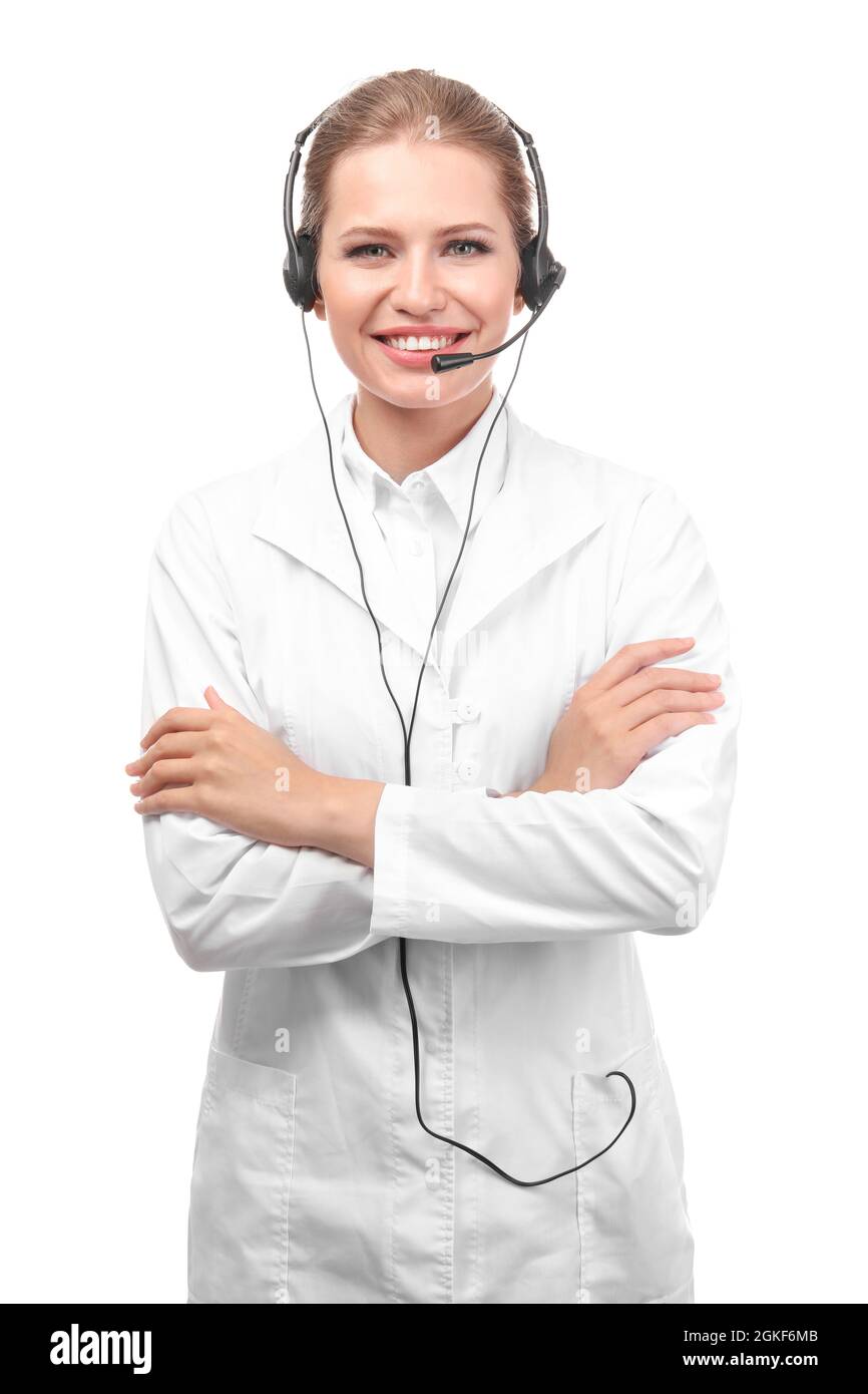 Young female receptionist wearing headset, isolated on white Stock