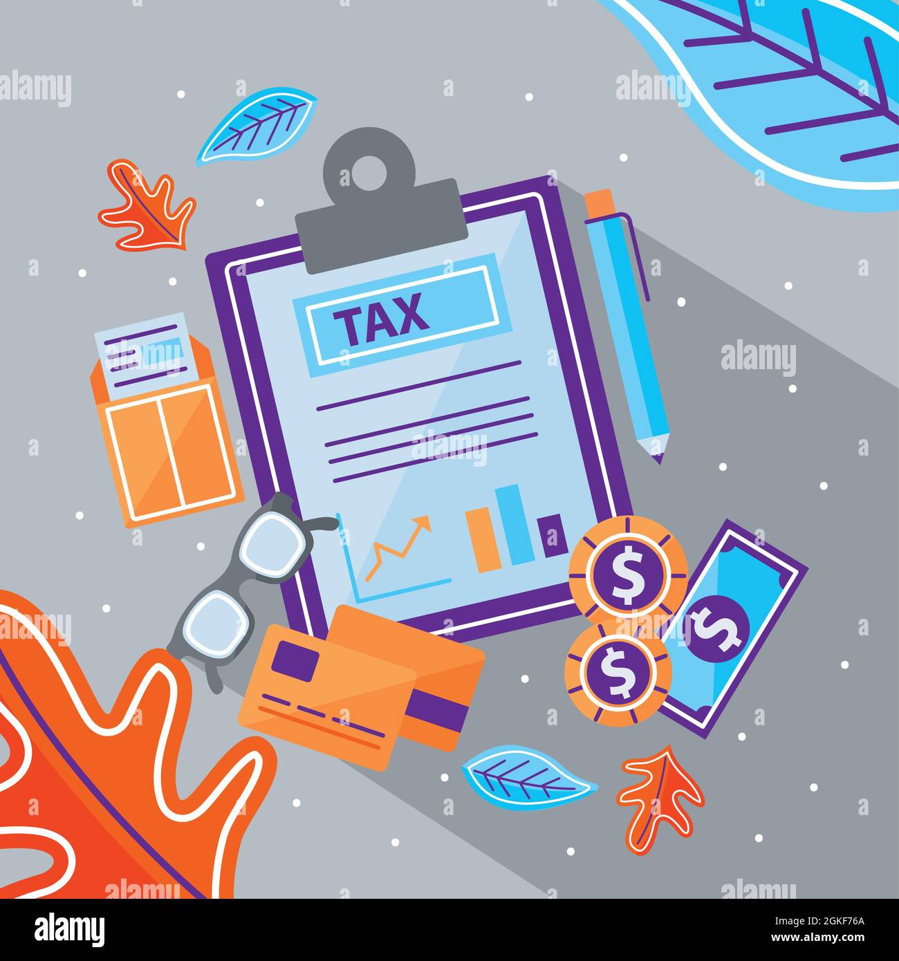 Tax document with icon collection on gray background Stock Vector Image ...