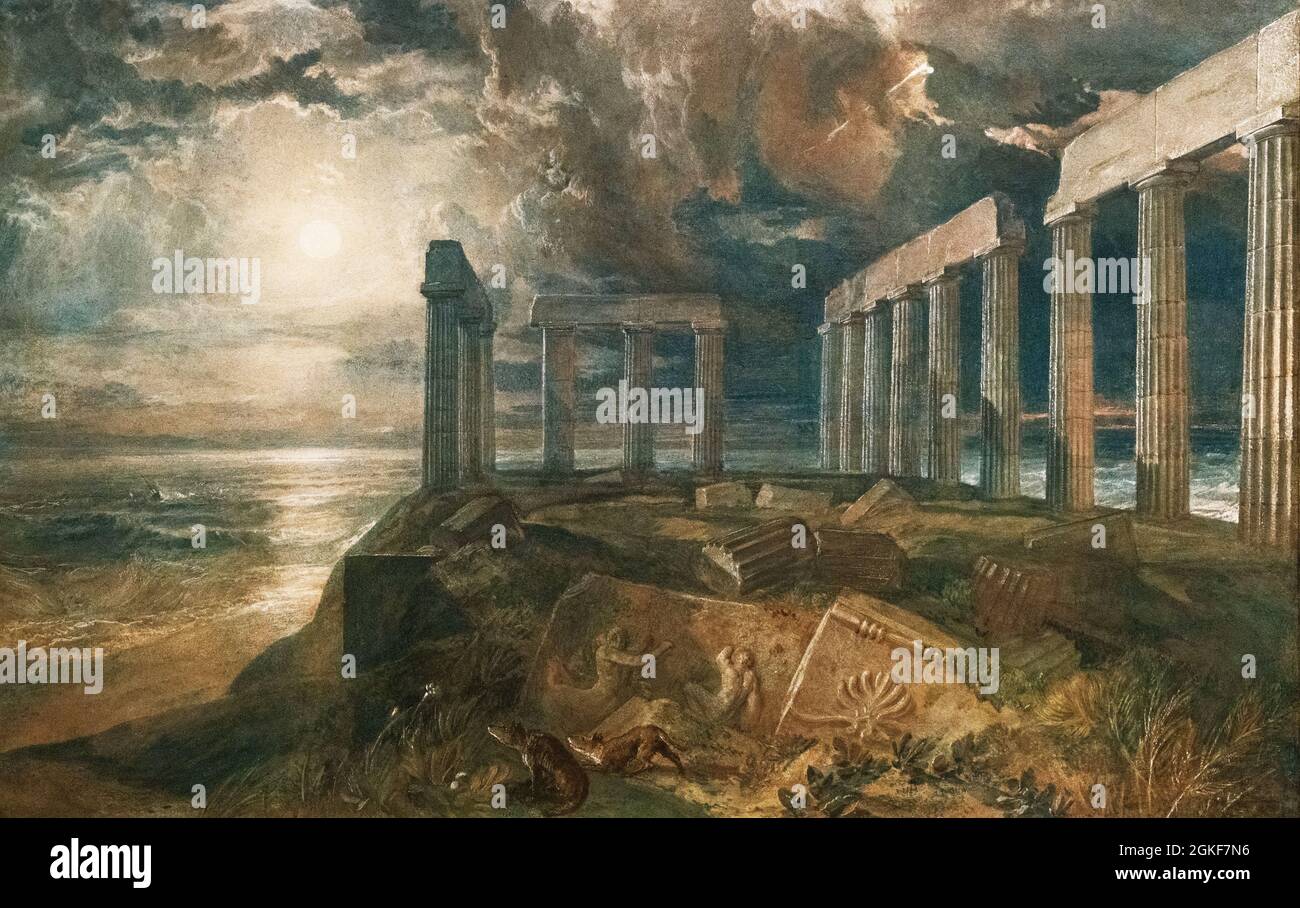 JMW Turner painting; 'The Temple of Poseidon at Suniam', c. 1834, Graphite, watercolour and gouache on paper, Romanticism art. Stock Photo