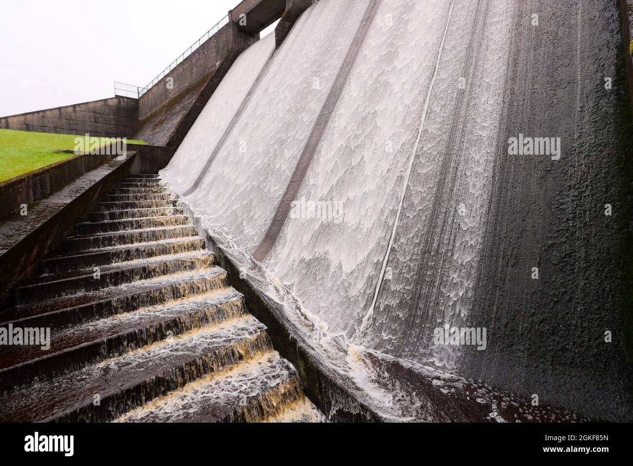 Altarichard Dam on the River Bush in County Antrim, Northern Ireland.  The dam is part of the Northern Ireland Water infrastructure. Stock Photo