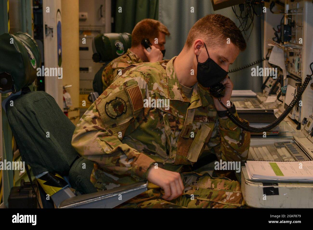 2nd Lt. William Young, 741st Missile Squadron missile combat crew commander, and 1st Lt. Darian Titus, 741st Missile Squadron deputy missile combat crew commander, participate in a Simulated Electronic Launch Minuteman exercise on April 7, 2021, at Minot Air Force Base, North Dakota. The SELM exercise provides an end-to-end test of the launch capabilities of the ICBM process. Stock Photo