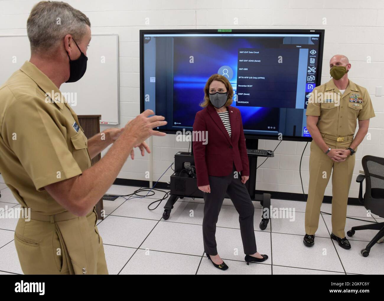 210408-N-XX139-0084 PENSACOLA, Fla. (April 8, 2020) Deputy Secretary of Defense Kathleen H. Hicks participates in a Multipurpose Reconfigurable Training System 3D® (MRTS 3D®) technology training device demonstration and discussion with Rear Adm. Pete Garvin (left), commander, Naval Education and Training Command and staff of the Center for Information Warfare Training and Information Warfare Training Command (IWTC) Corry Station. Hicks, along with members of her staff, visited for a familiarization brief and tour of CIWT and IWTC Corry Station onboard Naval Air Station Pensacola Corry Station, Stock Photo