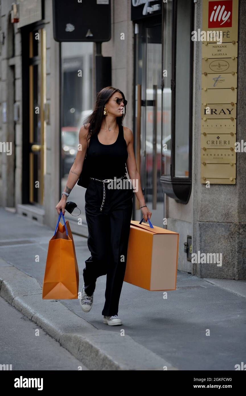 Milan, . 14th Sep, 2021. Milan, 14-9-2021 Carolina Stramare ex Miss Italy  after shopping at Louis Vuitton stops at the Marchesi bar for a coffee  break, then after a walk she decides