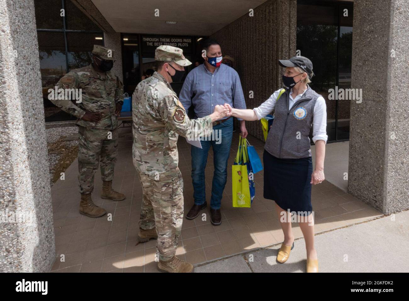 Col. Craig Prather, 47th Flying Training Wing commander, says farewell to U.S. Rep. Victoria Spartz after her visit to Team XL, on April 8, 2021 at Laughlin Air Force Base, Texas. Spartz and seven other U.S. Congressmen visited the base and local area to gather information regarding current events. Stock Photo