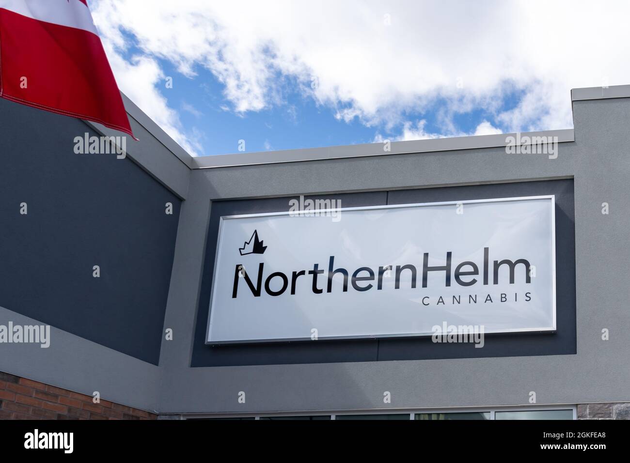 Kingston, Ontario, Canada - September 3, 2021: Close up of Northern Helm sign at one of the Cannabis store in Kingston, Ontario, Canada. Stock Photo