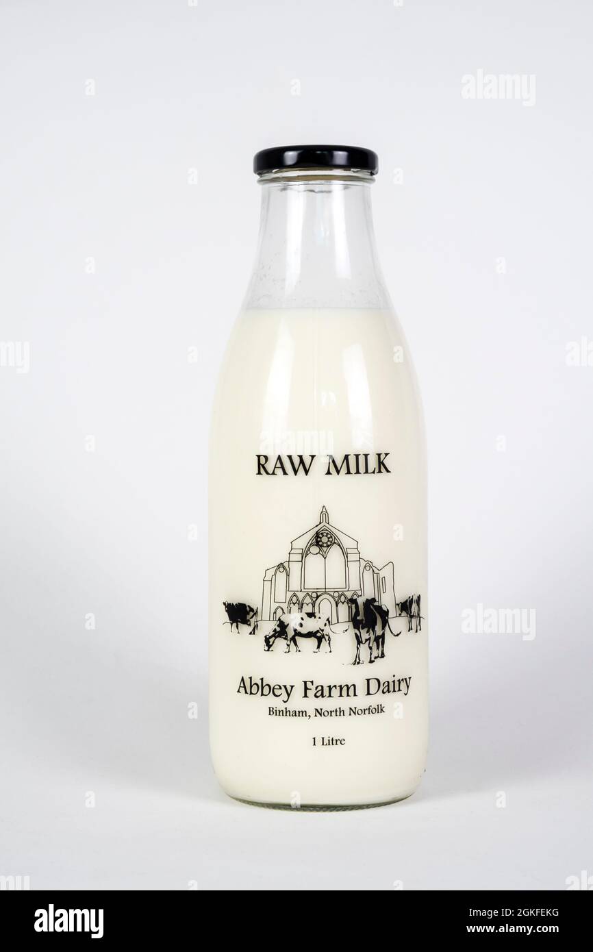 A bottle of raw ie unpasteurised milk from Abbey Farm Dairy, Binham. Stock Photo