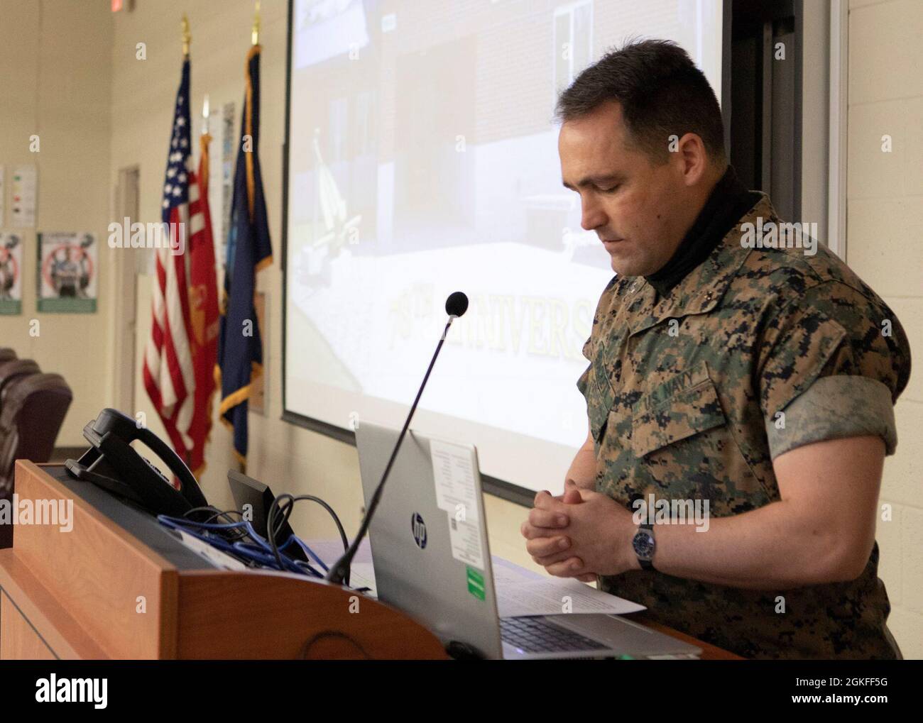 U.S. Navy Lt. Mathew J. Brackett, Chaplain, Marine Corps Combat Service Support Schools, gives the invocation during the Field Medical Training Battalion-East commemoration ceremony at Camp Johnson, N.C., April 8, 2021.  The commemoration ceremony honored the 78th anniversary of FMTB-E. Stock Photo