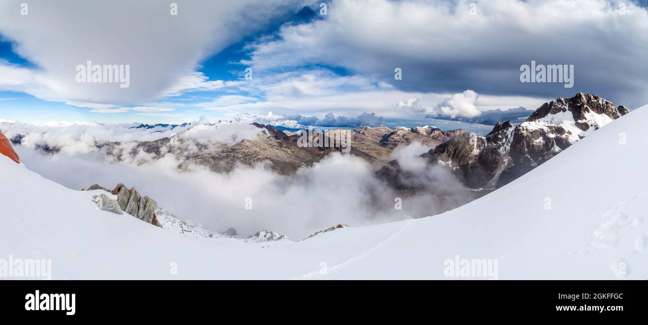 View of Cordillera Real mountain range from high camp of climbers under Huayna Potosi mountain in Bolivia Stock Photo