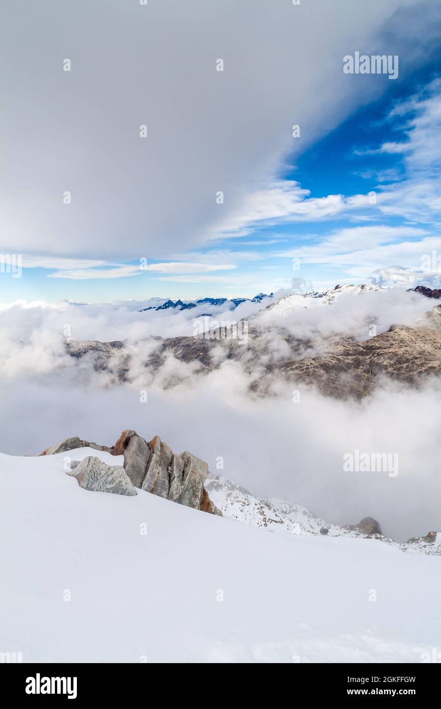 View of Cordillera Real mountain range from high camp of climbers under Huayna Potosi mountain in Bolivia Stock Photo