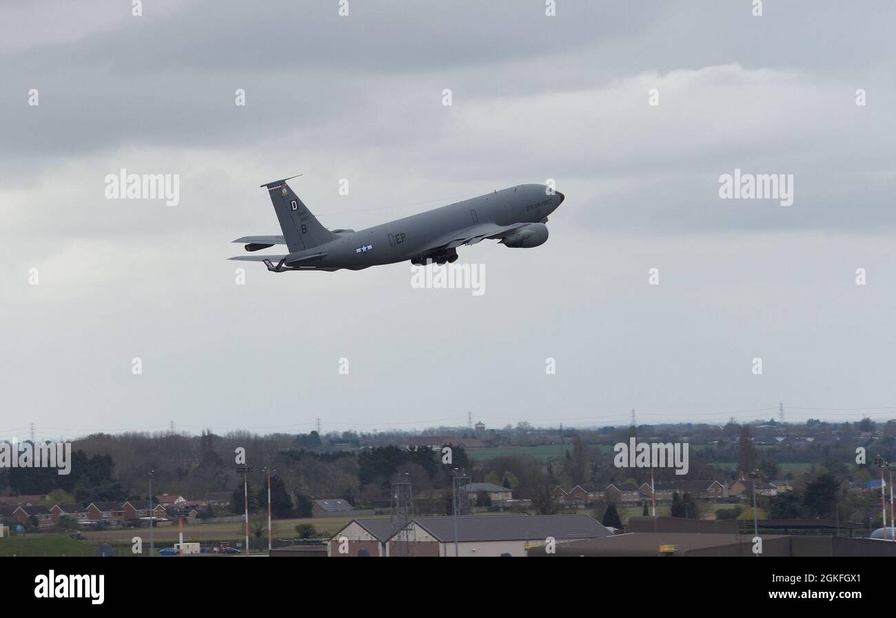 A U.S. Air Force KC-135 Stratotanker assigned to the 100th Air Refueling Wing takes off as it heads out to support exercise INIOCHOS 21 at Royal Air Force Mildenhall, England, April 9, 2021. The event is a Hellenic air force-sponsored operational and tactical-level field training exercise, hosted by the Hellenic Air Tactics Center, Andravida Air Base, Greece. In addition to U.S. and Greek participants, Canada, Cyprus, Israel, Slovenia, Spain and the United Arab Emirates are scheduled to support. Stock Photo