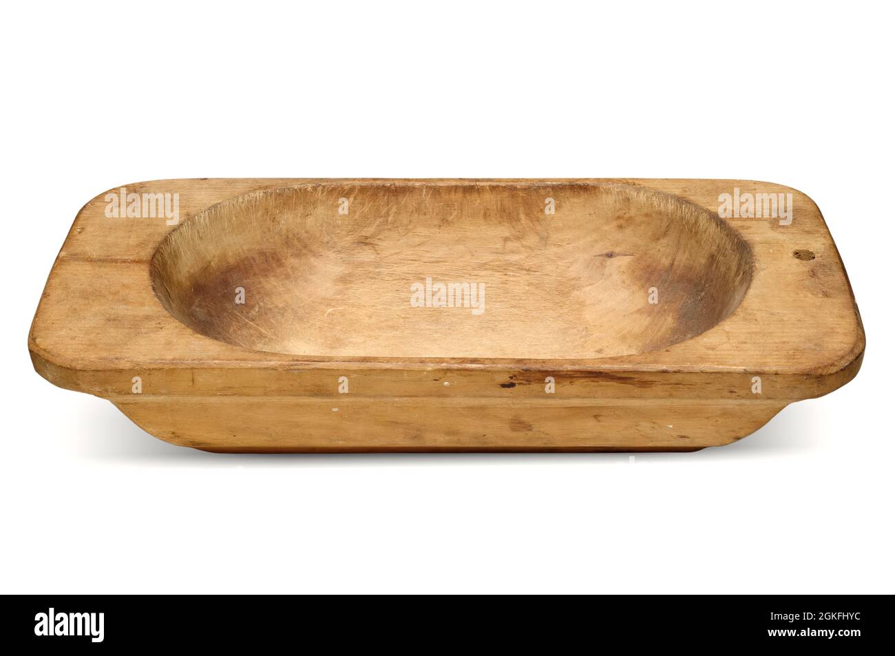 Isolated objects: empty old wooden washing tub, on white background Stock Photo