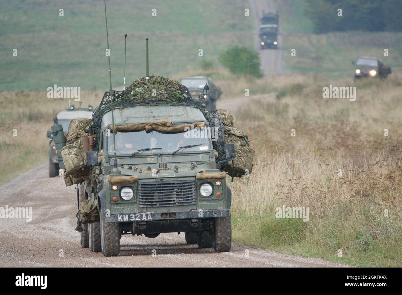 British army Land Rover Wolf 4×4 military medium utility vehicle in action on a military exercise, Salisbury Plain UK Stock Photo