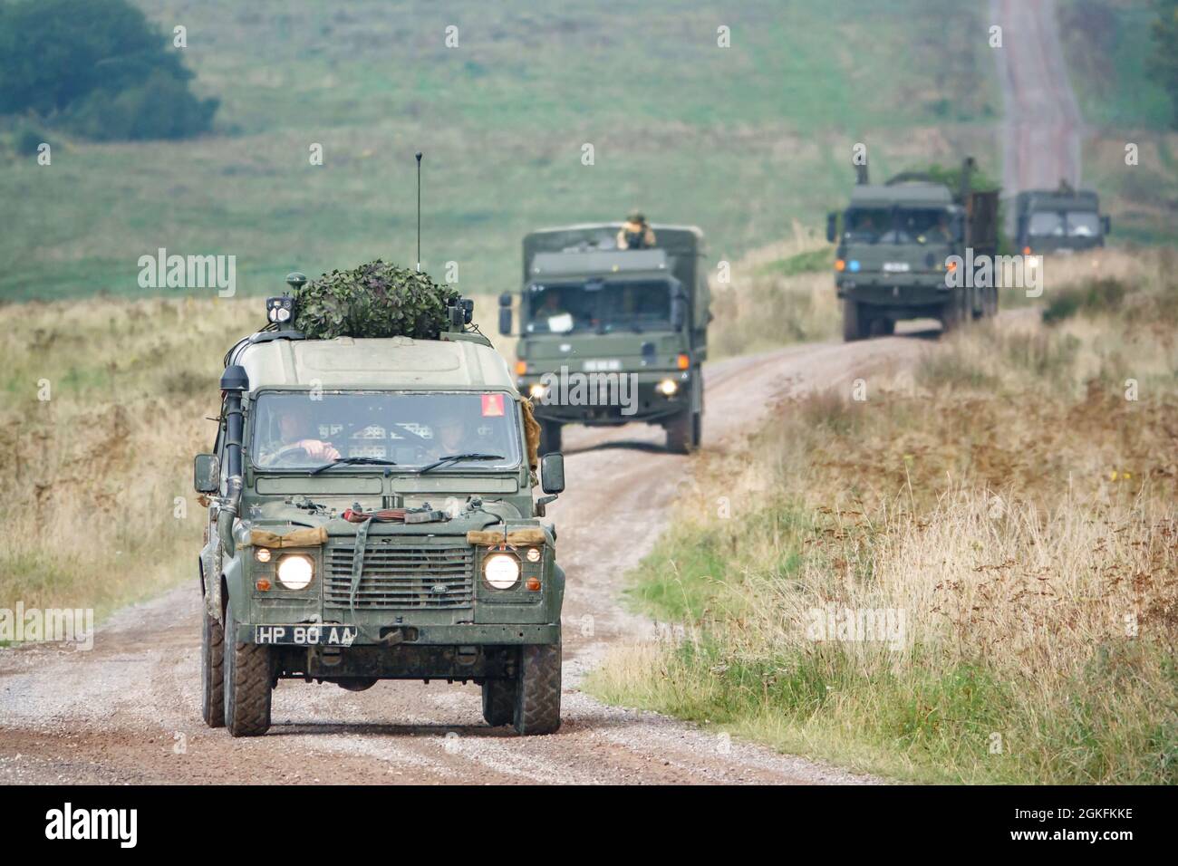 British army Land Rover Wolf 4×4 military light utility vehicle in action on a military exercise, Salisbury Plain UK Stock Photo