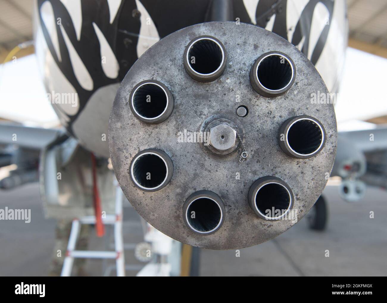 A GAU8 Avenger 30mm cannon in the nose of an A10 Thunderbolt II, assigned to the 442d Fighter