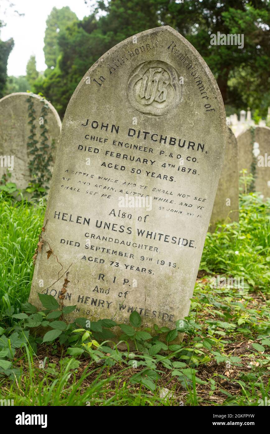The grave in Southampton Old Cemetery of John Ditchburn, Chief Engineer of the P&O shipping line Stock Photo