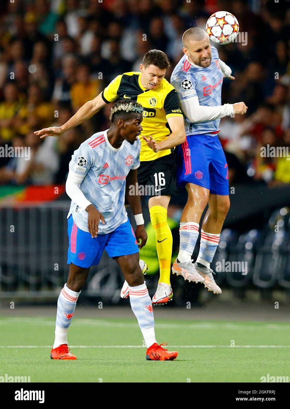 Soccer Football - Champions League - Group F - BSC Young Boys v Manchester United - Stadion Wankdorf, Bern, Switzerland- September 14, 2021 Manchester United's Luke Shaw and Paul Pogba in action with BSC Young Boys' Christian Fassnacht REUTERS/Arnd Wiegmann Stock Photo