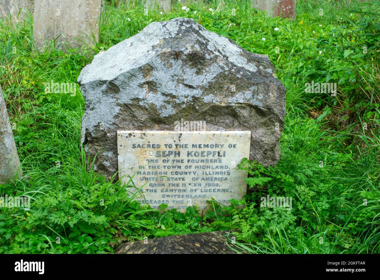 Memorial stone to Joseph Koepfli, one of the founders of Highland, Madison County, Illinois, USA in Southampton Old Cemetery, Hampshire England. Stock Photo