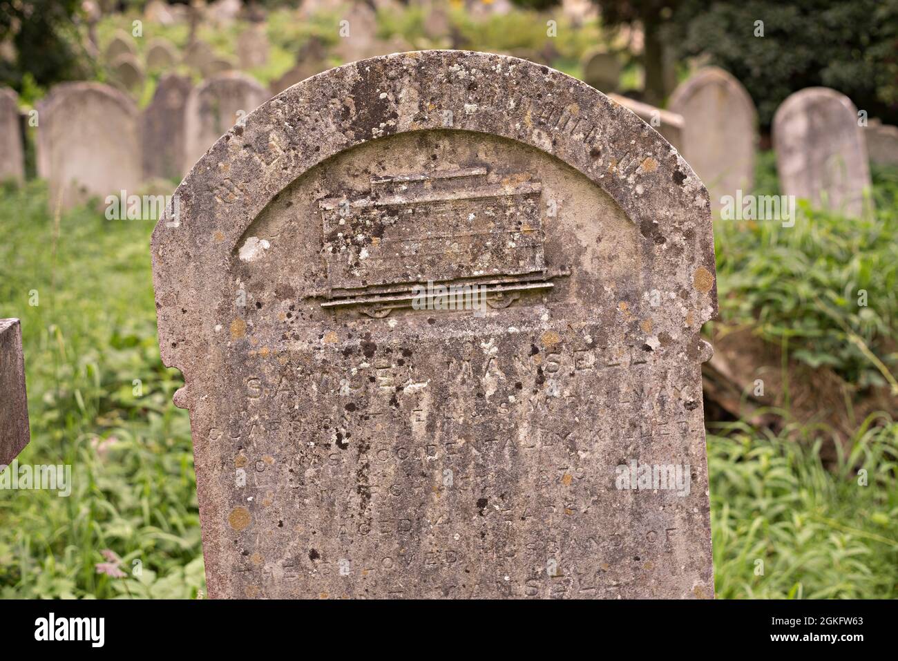 A carving of a guards van on the gravestone of Samuel Mansell, a guard of the London & South Western Railway, who died in an accident in March 1879 Stock Photo