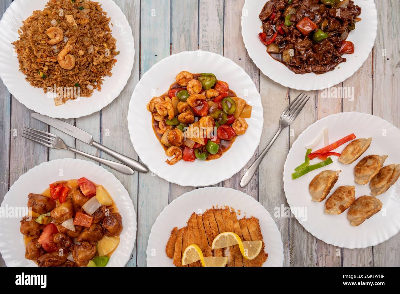 set of representative dishes of Chinese restaurants in Europe. Lemon