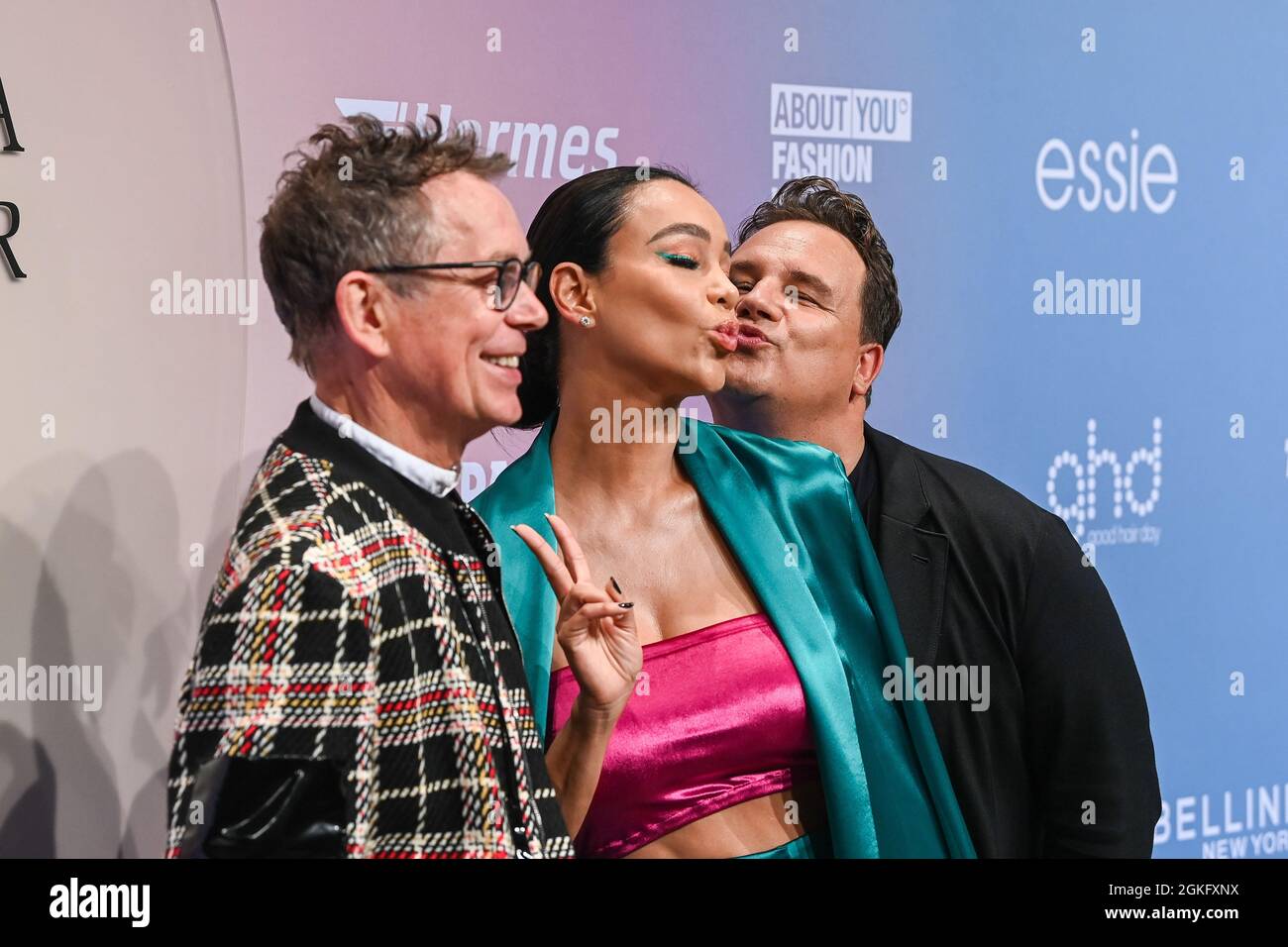 Berlin, Germany. 14th Sep, 2021. Frank Mutters (l-r), Verona Pooth and Guido Maria Kretschmer arrive at the Guido Maria Kretschmer Show at Kraftwerk. About You, or Re-Fashion Week, has been part of Berlin Fashion Week since 2021. About You Fashion Week runs from 11 to 15 September 2021. Credit: Jens Kalaene/dpa/Alamy Live News Stock Photo