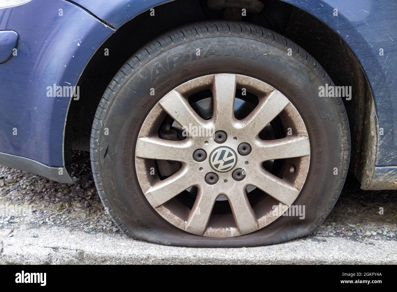 Car Tyre with sidewall or side wall slashed Stock Photo