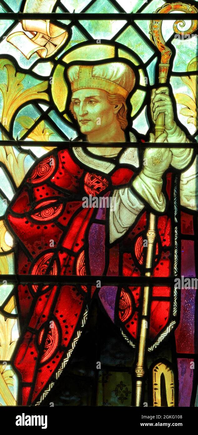 St Aidan of Lindisfarne, Irish monk, missionary, apostle, bishop, 7th century, stained glass window, by J Powell & Son, 1900, Blakeney, Norfolk Stock Photo